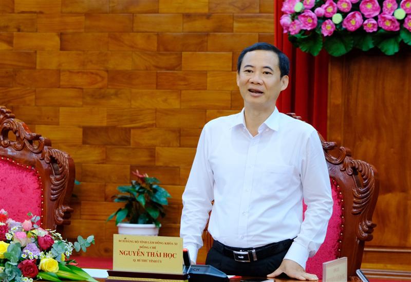 Đồng chí Nguyễn Thái Học - Quyền Bí thư Tỉnh ủy Lâm Đồng phát biểu tại buổi gặp mặt.