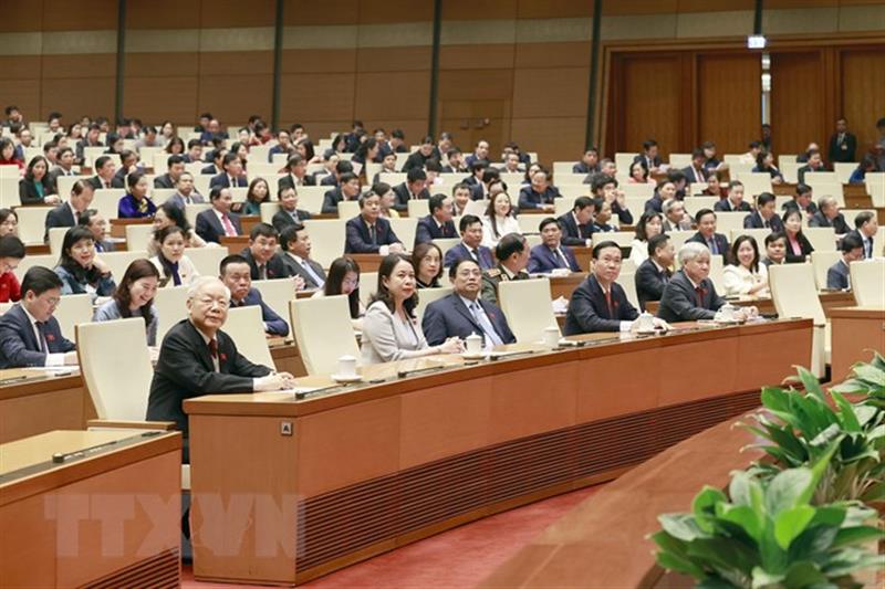 Tổng Bí thư Nguyễn Phú Trọng và các lãnh đạo Đảng, Nhà nước, đại biểu Quốc hội dự kỳ họp Kỳ họp bất thường lần thứ tư, Quốc hội khóa XV. (Ảnh: TTXVN)