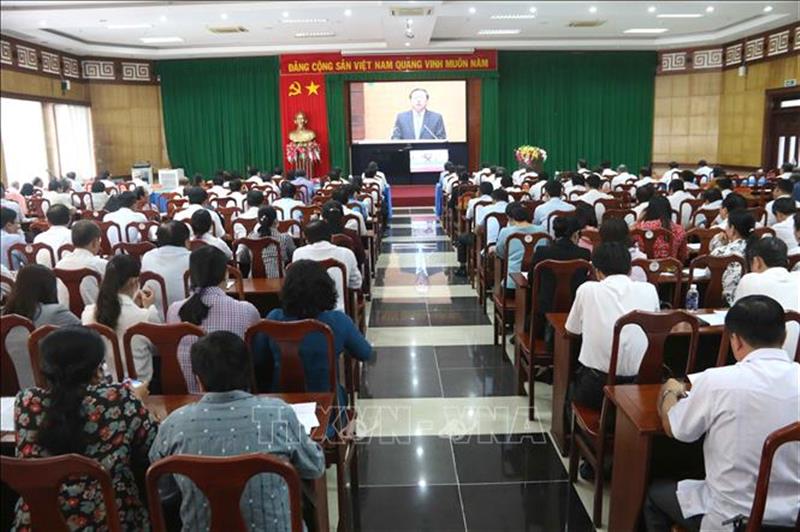 Quang cảnh hội nghị tại điểm cầu cấp tỉnh Trà Vinh. Ảnh: Thanh Hòa/TTXVN.