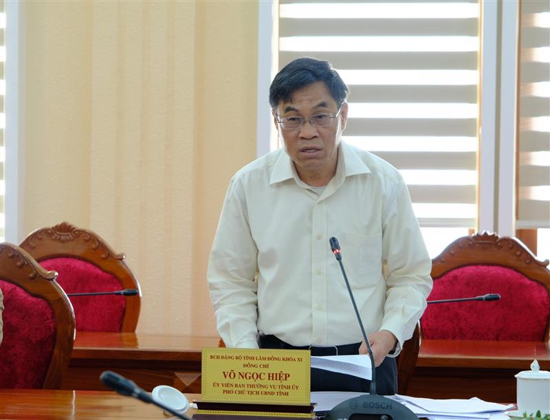 Đồng chí Võ Ngọc Hiệp - Ủy viên Ban Thường vụ Tỉnh ủy, Phó Chủ tịch UBND tỉnh phát biểu ý kiến về tình hình thực hiện nhiệm vụ của Tổ biên tập Tổng kết kinh tế - xã hội.