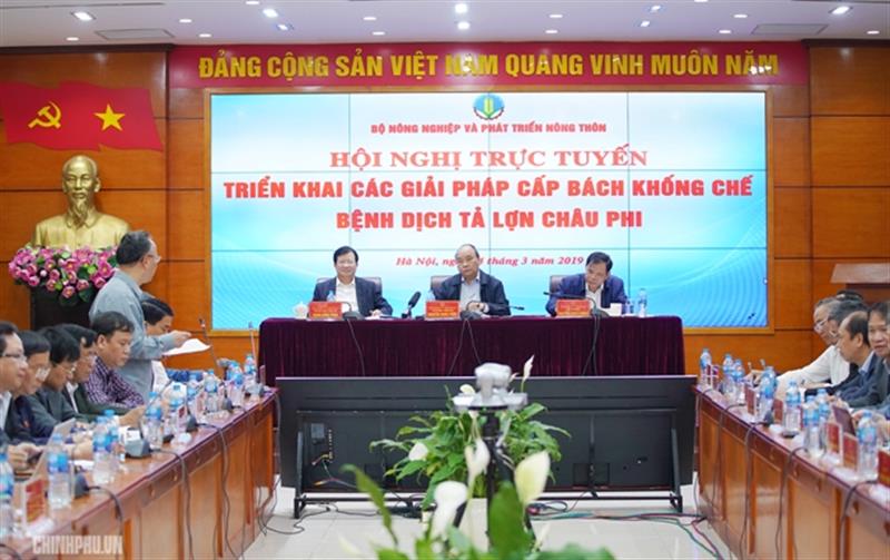 Thủ tướng Nguyễn Xuân Phúc chủ trì Hội nghị trực tuyến triển khai các giải pháp cấp bách khống chế bệnh dịch tả lợn châu Phi. Ảnh: VGP/Quang Hiếu